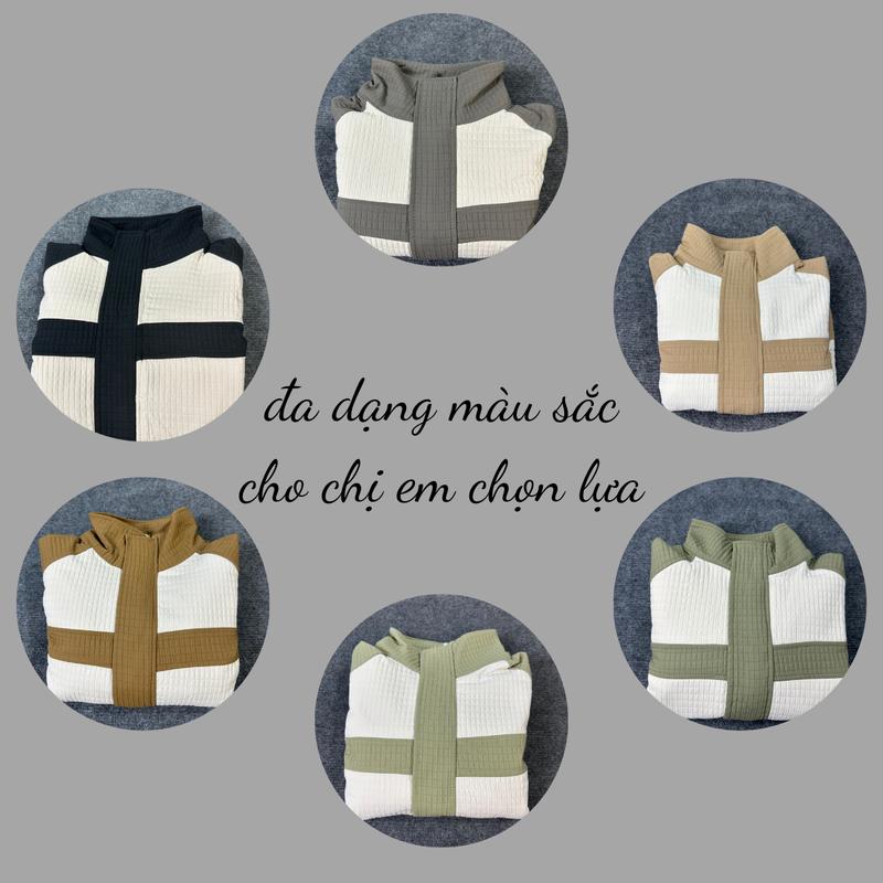 Áo khoác caro 2 da phối màu cổ trụ túi khóa kéo - Freesize 40-55kg - RTEE SHOP - Nữ Top Jacket Women Nâu 2