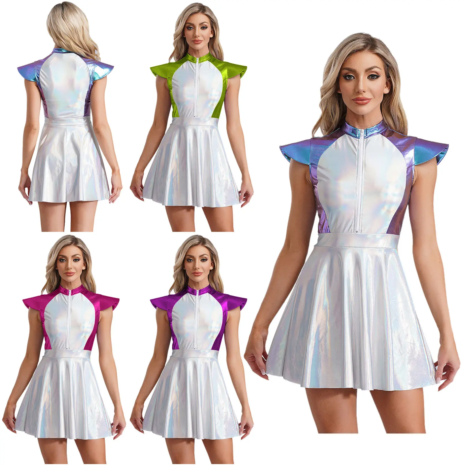 TiaoBug Womens Shiny Metallic Alien Costume Cap Sleeve A-line Dress Sleeveless Outer Space Astronaut Dress
