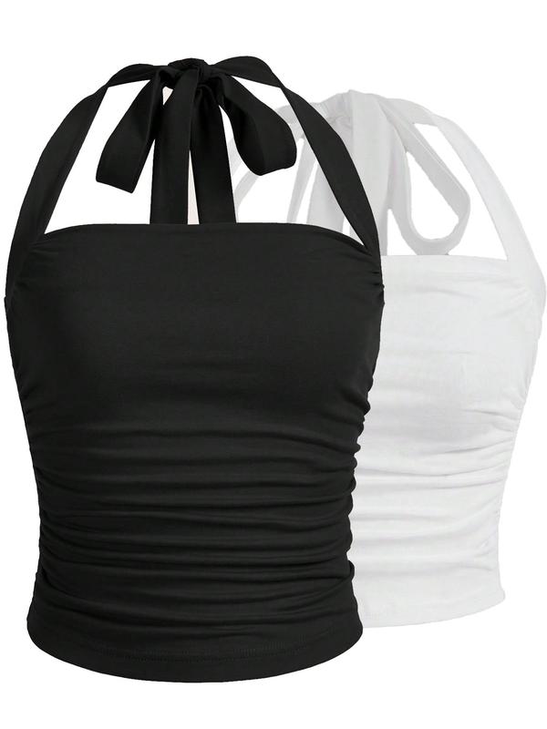 Women's Solid Ruched Halter Neck Backless Crop Top, Summer Clothes, Going Out Top, Holiday Outfits, Casual Elegant Sleeveless Tie Back Top for Summer, Ladies Clothes for Daily Wear 4