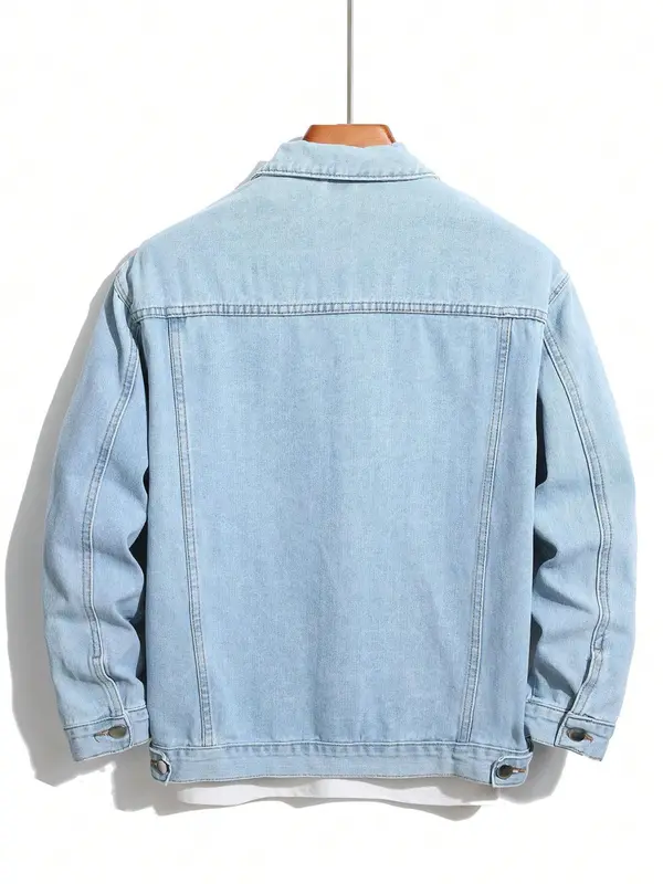 Men's Solid Color Denim Jacket, Loose Casual Fashion Comfy Long Sleeve Outerwear for Daily Wear, Men's Clothes for All Seasons, Coats, Cotton 1