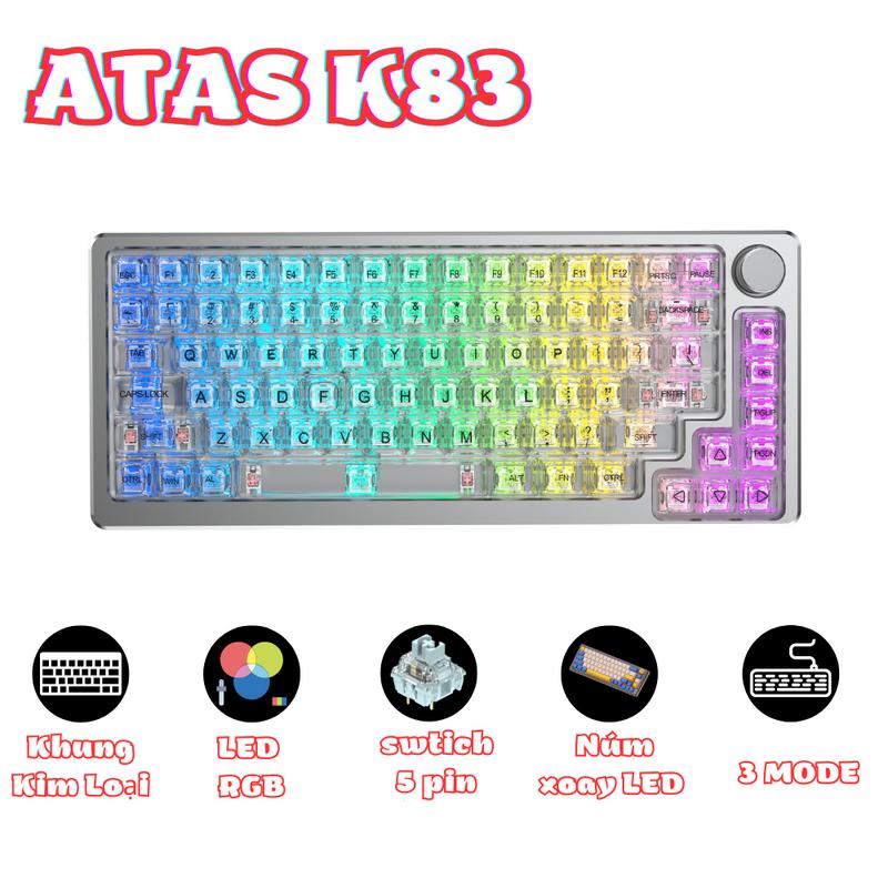 Bàn phím cơ không dây ATAS K83 - Trục cơ CRYSTAL AXIS - Phím trong suốt - Khung nhôm - LED RGB - Layout 83%
