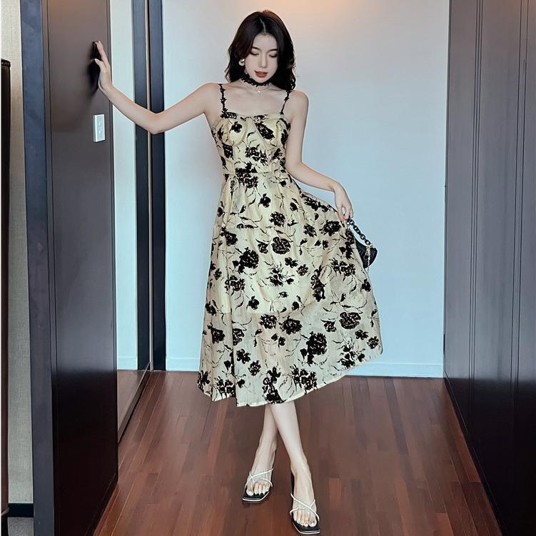 5803 đầm trễ vai voan hoa nhí dây dáng dài công chúa maxi hở lưng bigsize nữ dễ thương vintage pháp thiết kế cao cấp váy 2 dây ngắn 5