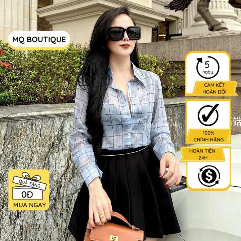 Áo tơ đính đá sơ mi nữ dài tay cao cấp công sở màu xanh hồng kẻ caro, áo sơ mi họa tiết thiết kế MQ Boutique