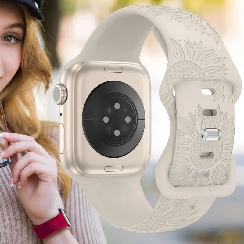 Sunflower Engraved Watch Band, Soft Floral Silicone Watch Band for iWatch Ultra Series 10 9 8 7 6 SE 5 4 3 2 1, Smart Watch Accessories, Wearable 4
