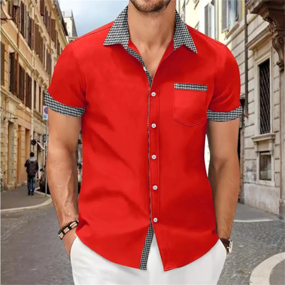 Men's summer casual fashion 3D printed pattern solid color comfortable soft short sleeved shirt