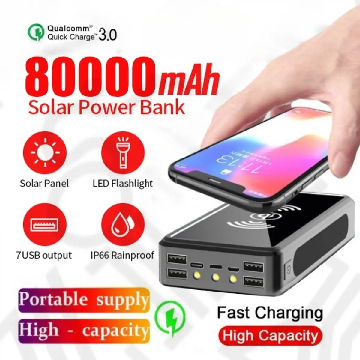 Portable Wireless Powerbank 80000mAh with High-Capacity  Solar and Charging and Flashlight snug  power  bank power  bank