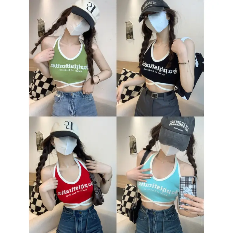 Blackpink Halterneck Crop Top Bra Wanita Backless Tanktop Y2K Streetwear Press Body 1145 6