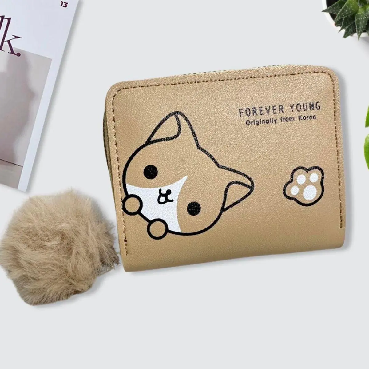 Fashionable Women’s Wallet - Multifunctional Short Wallet with Zipper, Fur Ball & Puppy