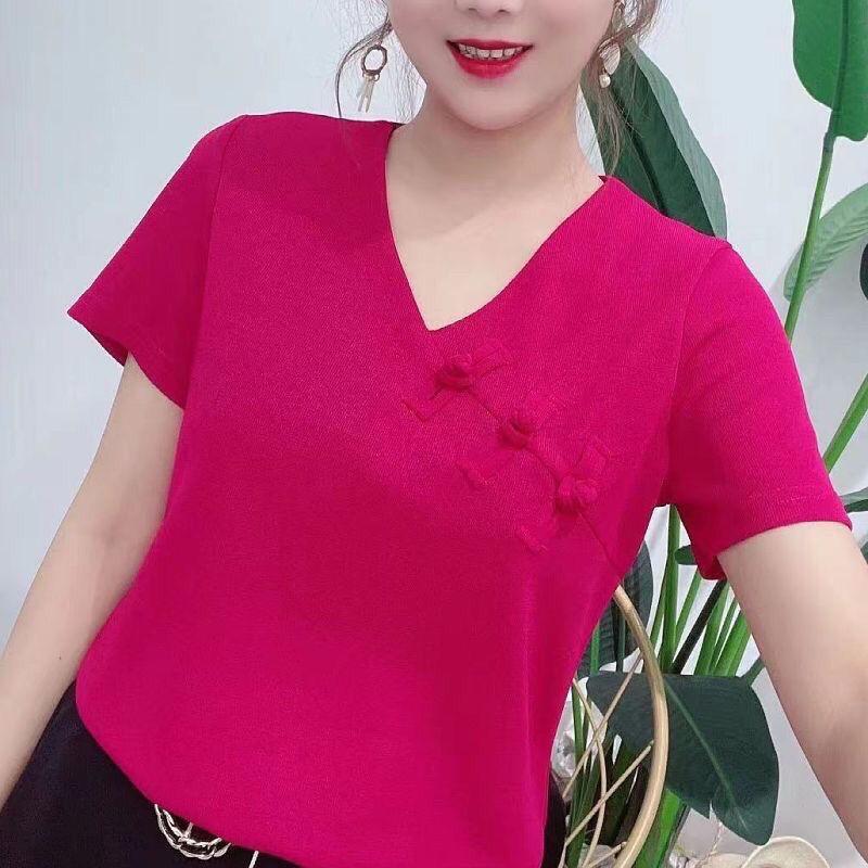 Product Introduction of Áo Thun ngắn Tay Dành Cho Nữ, Dáng Rộng Vừa Vặn, Phong Cách Trung Quốc Cổ Điển, Tay Lửng Cổ Chữ V Có Cúc, Áo Ngoại Cỡ Mùa Hè 2025 Hàng Mới Về 12