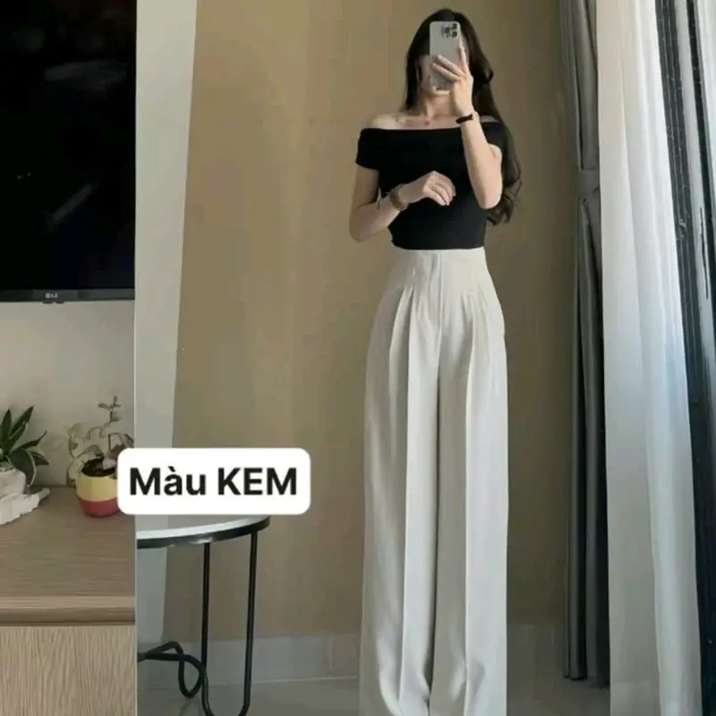 Quần tây ống rộng nữ cạp liền lưng cao có khoá kéo bên hông ( vải gold loại 1 mềm mịn sóng quần) dài trên 100cm Nhung Kem Ong Women 7