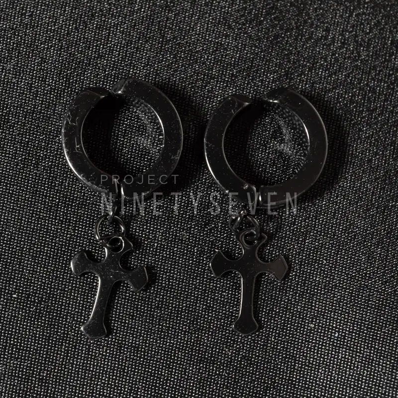 PROJECT NINETYSEVEN - CROSS Earrings - Anting Jepit Pria hitam putih (BELI 3 GRATIS 1) 0
