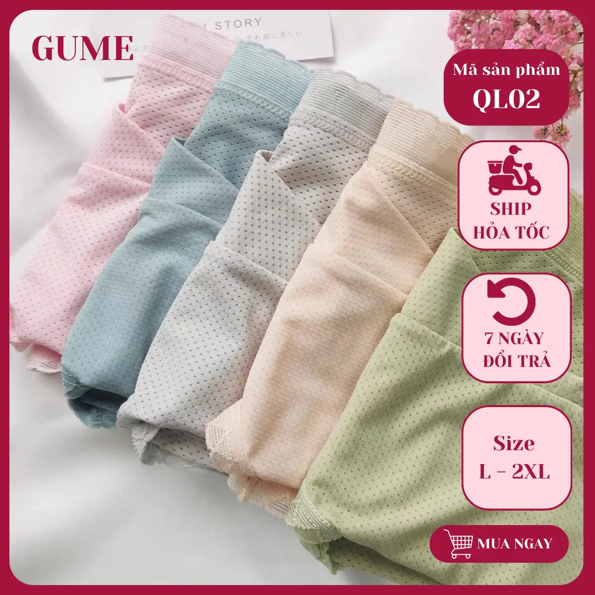 Quần lót bầu su đúc thông hơi mặc bầu và sau sinh GUME cạp chéo, kháng khuẩn, viền ren QL02