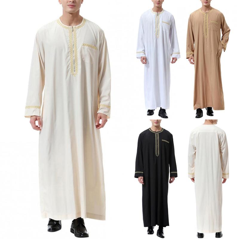 Product Introduction of Men'S Muslim Shirt Kaftan Islamic Royalty Dubai Robe O-Neck Long Sleeve Retro Tunics Abaya Arabic Traditional Costume Men'S Robe 1