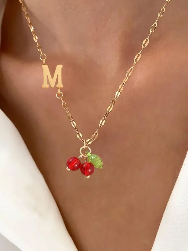 Cherry Pendant Letter Design Necklace for Women, Fashion Jewelry for Party, Daily Clothing Decor, Trendy All-match & Exquisite Jewelry for Birthday Gift 0