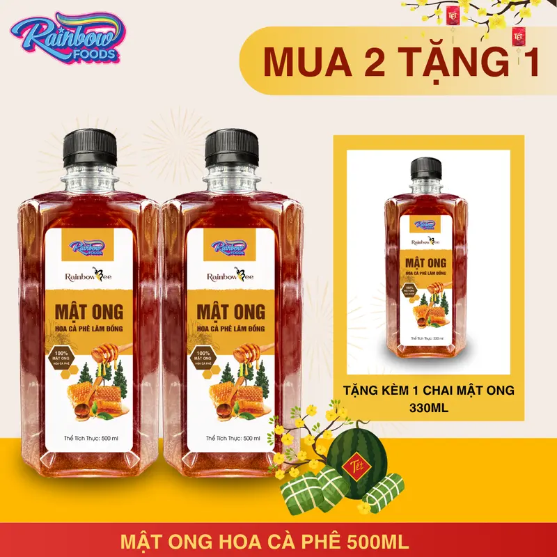 [ MUA 2 TẶNG 1 ] COMBO 2 Chai Mật Ong Hoa Cà Phê Lâm Đồng Rainbow Bee 500ml - Tặng Chai 330ml 0