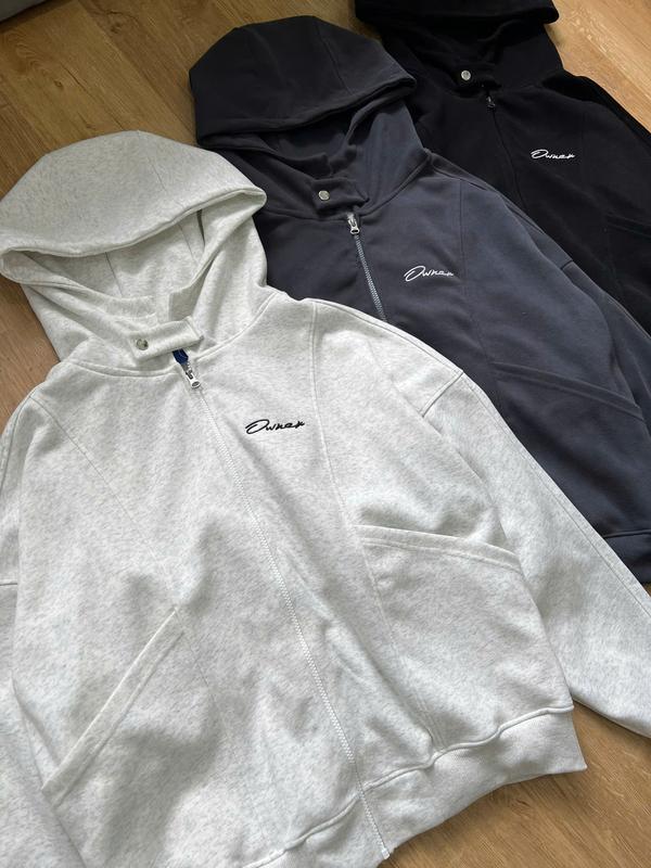 Áo khoác nỉ 2 da KHÔNG DÀY form boxy dây kéo khoá LOGO EMBROIDERY OWNER - Hoodiezip cổ cao thêu  Owner Nam