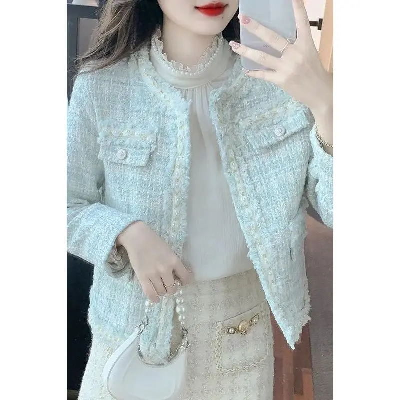 Autumn Classic Style Tweed Short Coat Women's Clothing Spring and Autumn New High-Grade Women's Coat Socialite Womenswear Jackets Tops Lingerie Outerwear Crewneck