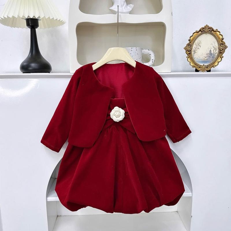 Set Váy Nhung 2 Chi Tiết + Áo Khoác Đính Nơ Xinh Xắn Cho Bé Gái 8-28kg Noel vay tetcho be