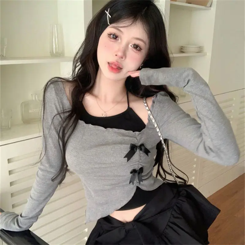 Gray Design Bow T-shirt Long Sleeve Women's Irregular off-the-Shoulder Short Top Spring and Autumn Base