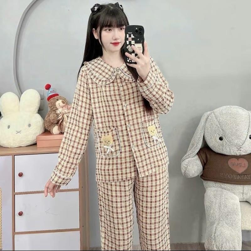 Bộ Ngủ Áo Dài Quần Dài Caro Cổ Bèo Chất Tuyết Nhung Phù Hợp Mùa Thu Đông Cho Nữ (40-60Kg)