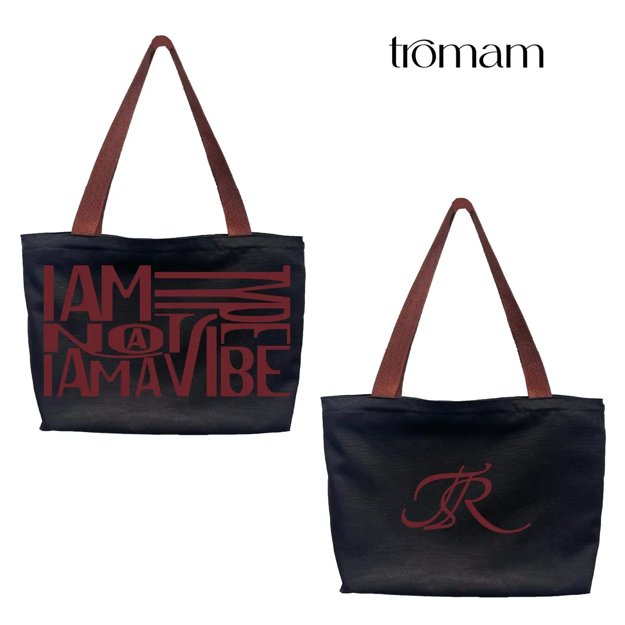 (TR) Túi Tote I AM A VIBE có khoá kéo, dây phối màu nâu đỏ chiều dài có thể đeo vai