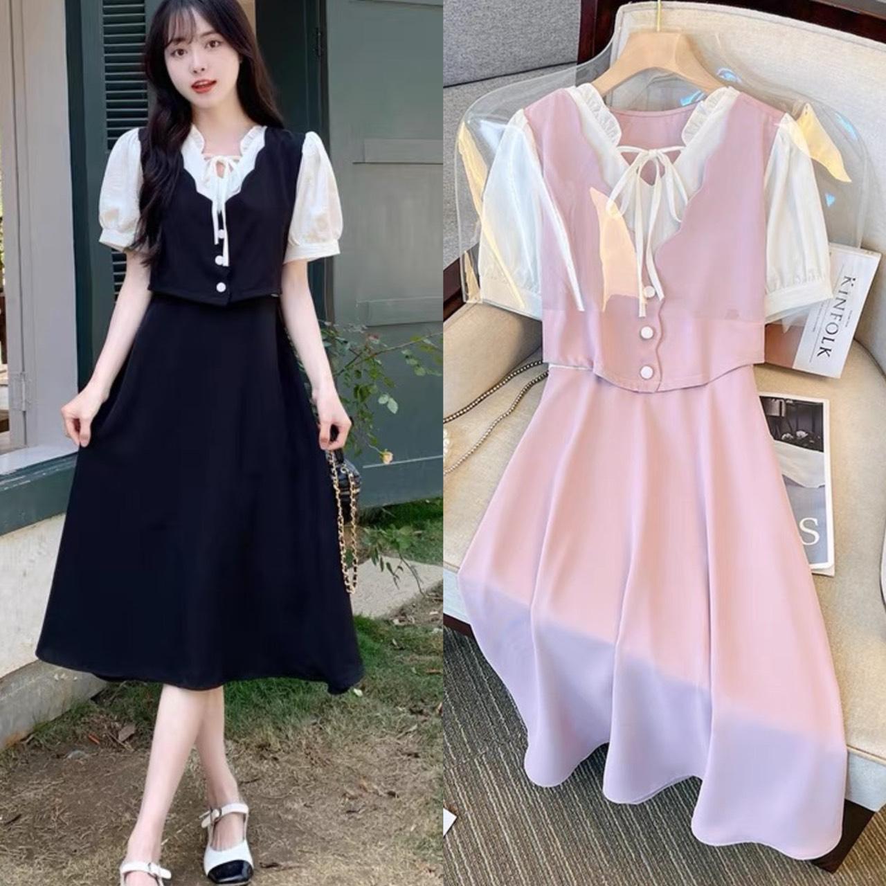 Thời Trang Bigsize Set Váy Áo Dự Tiệc Vải Cotton Lạnh 50 - 100Kg Dễ Thương Nữ Dress Đen Women - A.1158