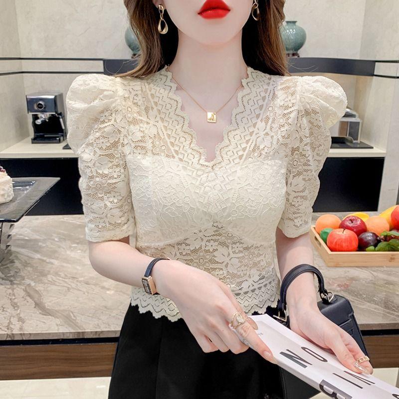 Áo Lớp Lưới Sợi Lưới Ren khoét Cổ Chữ V, Dành Cho Nữ, Phong Cách Phương Tây Thanh Lịch, Tay Phồng, Bó Sát Bụng, Thích Hợp Cho Mùa Hè 2024, Áo Sơ Mi Nhỏ 2