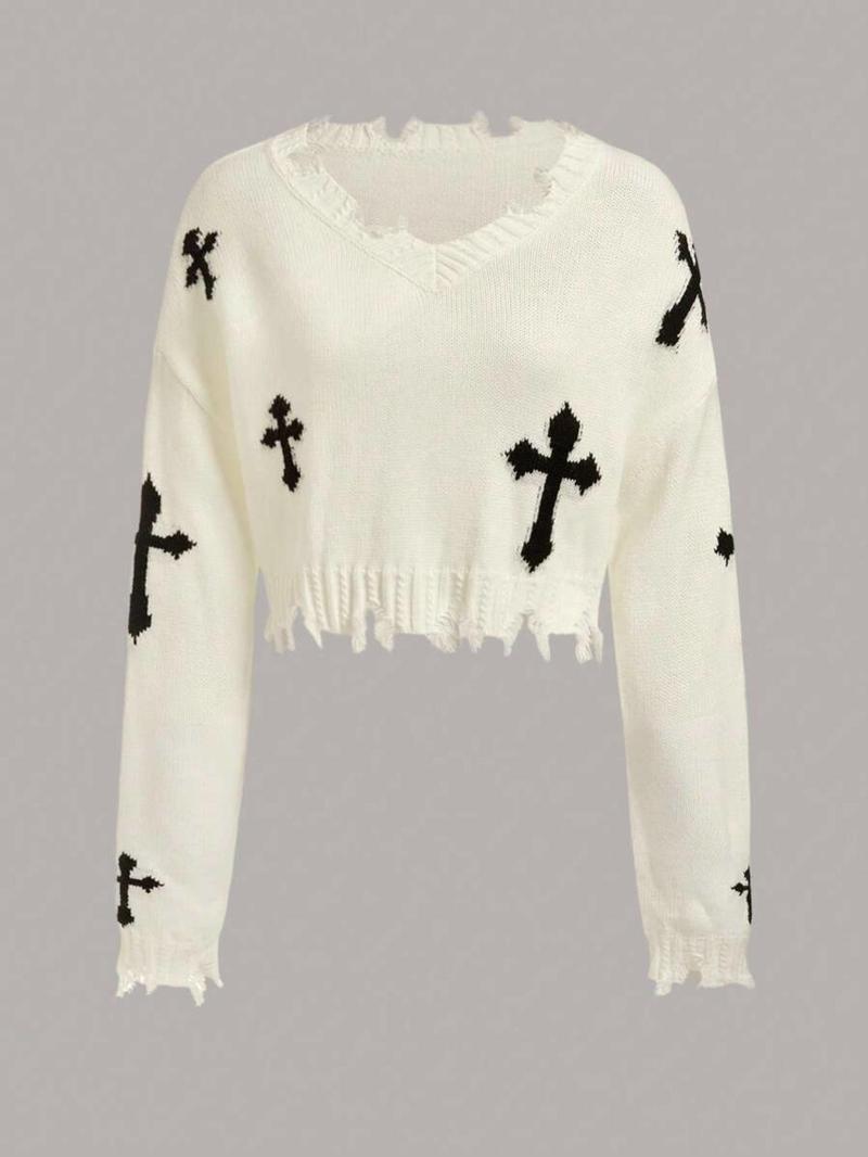 Product Introduction of Women's Cross Print Ripped Drop Shoulder Crop Sweater, Street Fashion Chic Style Long Sleeve V Neck Jumper for Daily Outdoor Wear, Ladies Knitwear for Spring & Fall, Tops for Women, Sweater for Women, Trending Clothing Women 6