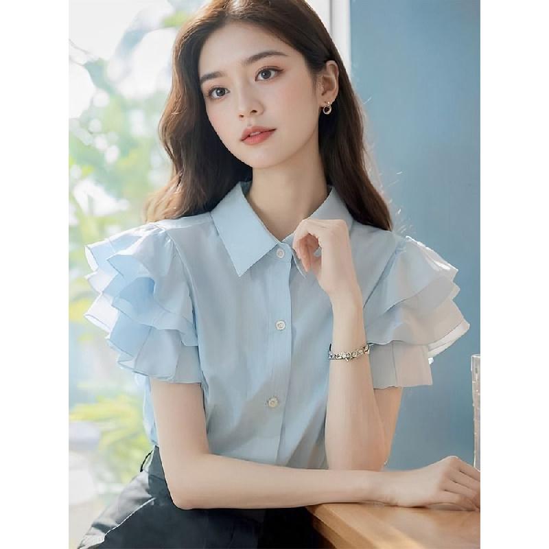 Product Introduction of (in Stock) European Goods Beautiful Fashion Casual Temperament High-Grade Super Nice Top Blue Ruffled Short Sleeves Women's Shirt Women's Summer Blouse Lingerie 12