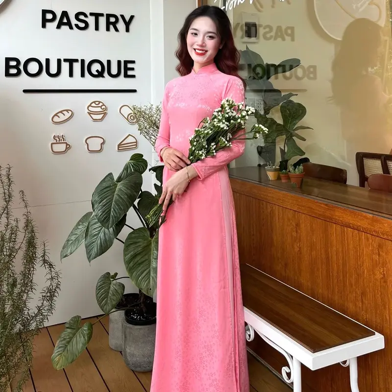 Bộ Áo dài Gấm Lụa Tơ Mềm cổ cao 2cm tay dài hoa nhí kèm quần lụa sang trọng  ( nhiều màu) Women 6