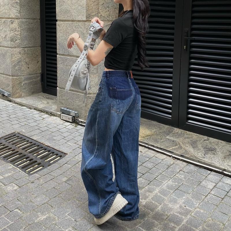 Quần Jeans Nữ Xuông Ống Rộng Thụng Túi Sau Lệch Wash Màu [Q006] Women Pants Ong Voi 1
