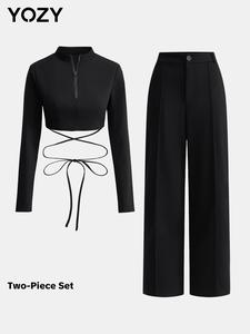 YOZY-GOOO Women's Solid Lace Up Crop Top & Pocket Trousers Two-piece Set, Casual Sporty Stand Collar Zip Up Top & Pocket Wide Leg Pants for Daily Outdoor Wear, Ladies Clothes for All Seasons
