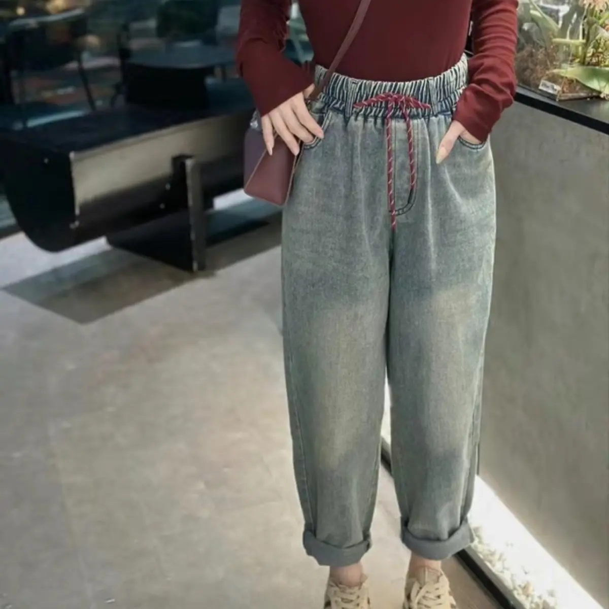 Quần Jean Nữ Fom Thụng Cạp Cao Dáng Baggy 9 tấc - Hàng Cao cấp - Women, Pants .Quần không Rách