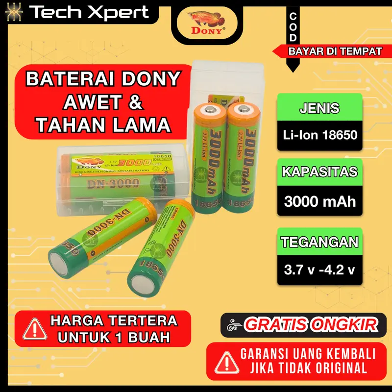 BATERAI LITHIUM ION Li-Ion DONY ORIGINAL DN-3000 18650 3000 mAh 3,7 V PER PCS 0