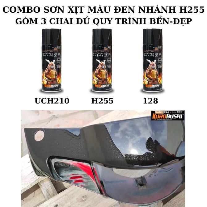  Combo Sơn xịt màu đen nhánh ánh kim h255  kèm nhám chà  combo 3 chai  UCH210-H255-128  samurai 