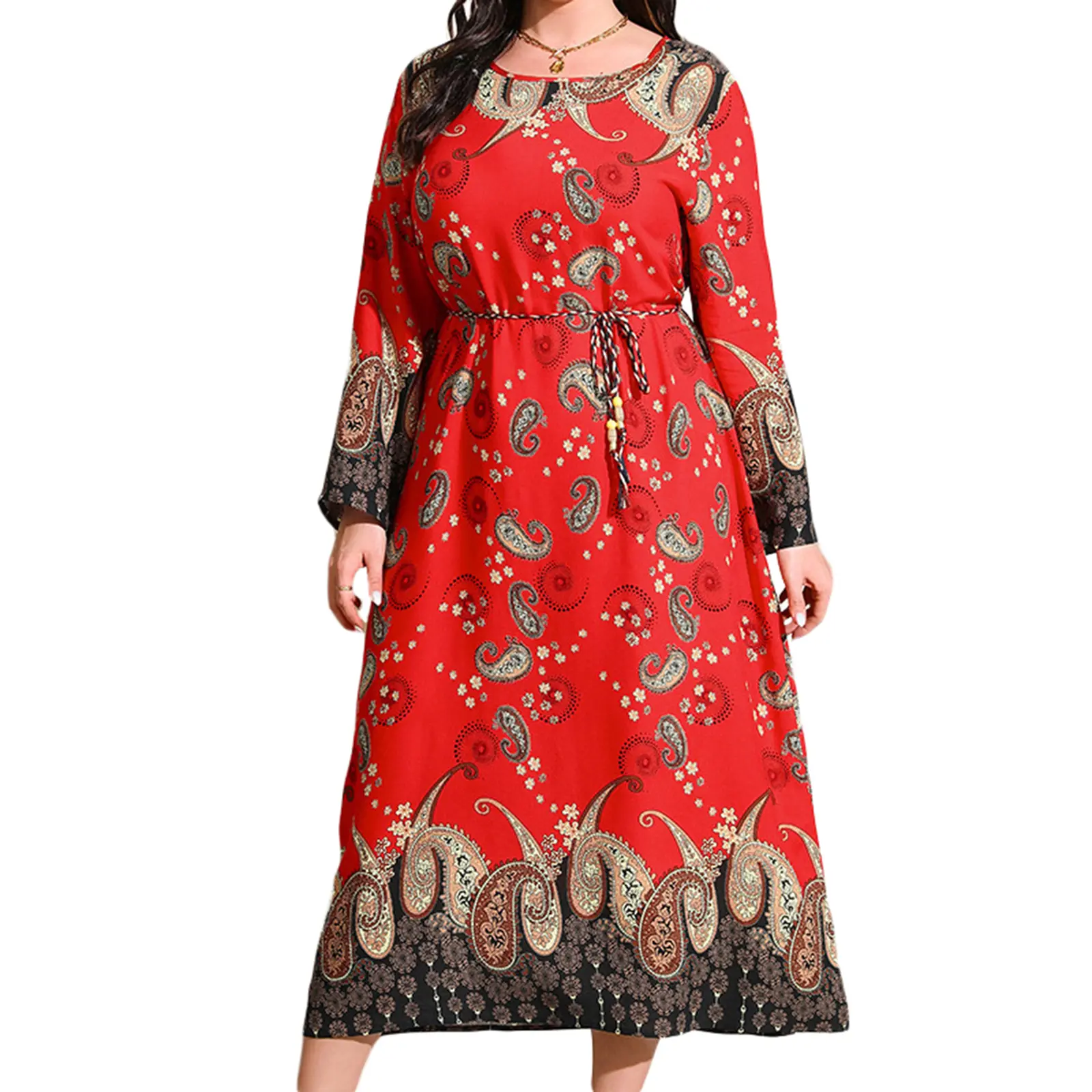 Women's Autumn Boho Dress Long Sleeve O Neck Pattern Print Long Vacation Dresses Casual Womenswear Lady Lingerie Summer Check Light
