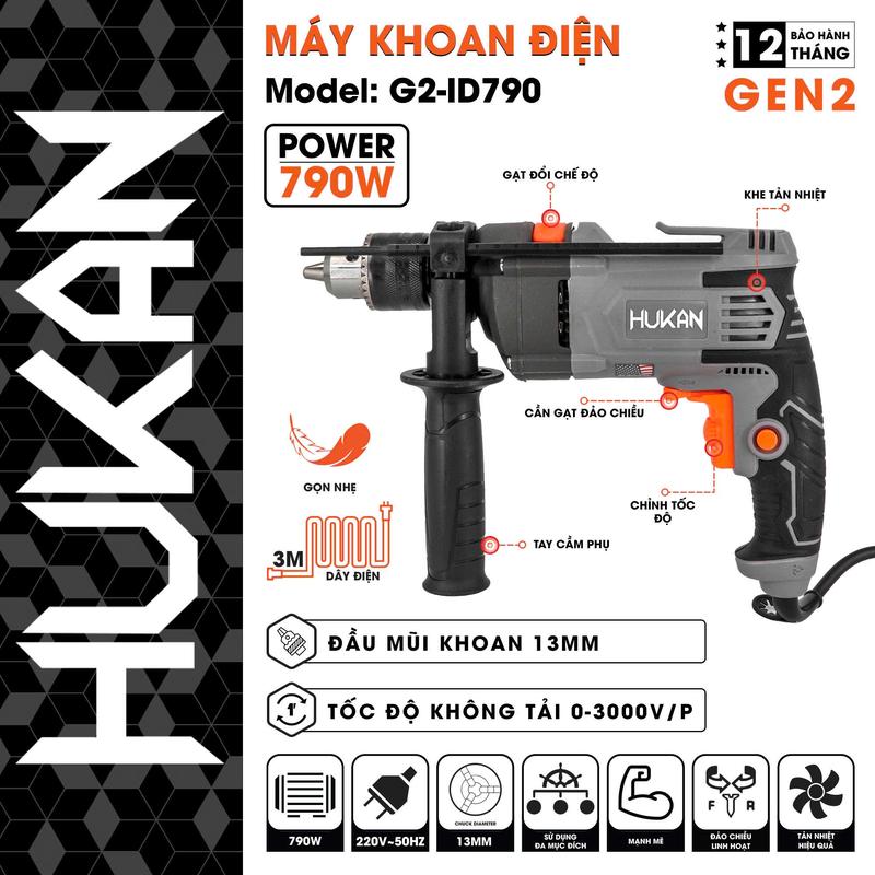 Khoan điện Hukan 13ly G2-ID790 công suất 790W có chế độ búa, công tắc đảo chiều và chỉnh tốc maykhoan