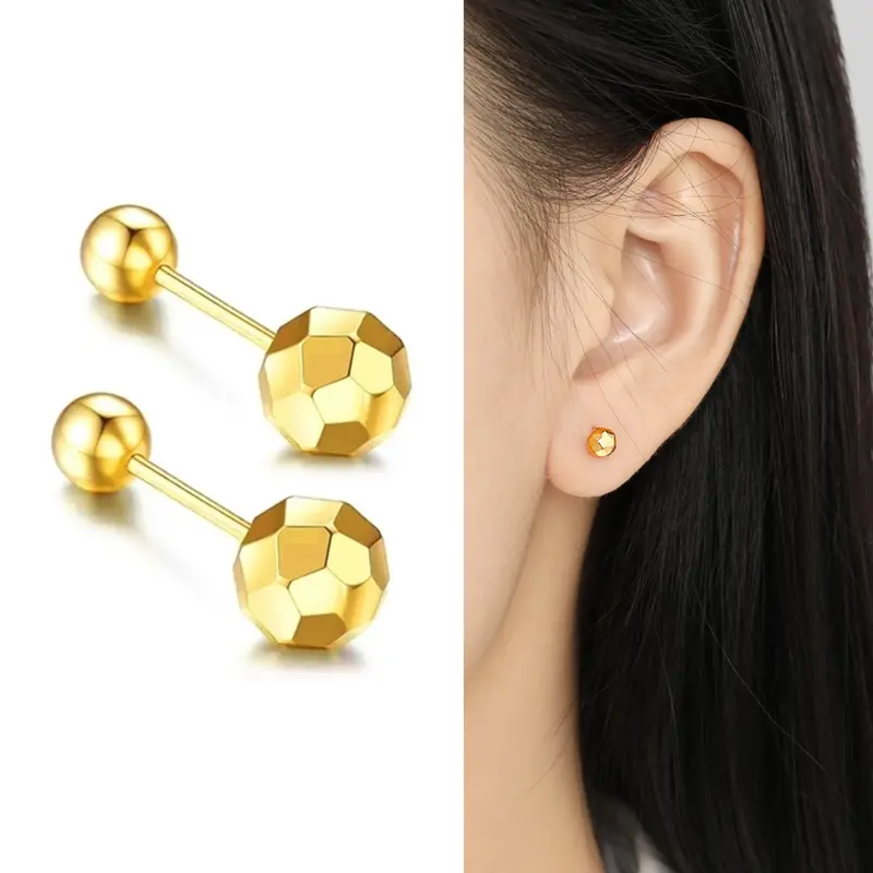 Bông tai titan bi tròn cắt bề mặt cá tính nổi bật sáng màu không gỉ 0