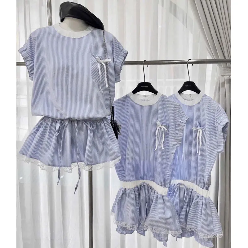 Set Jump CaZi kẻ xanh thêu chữ tay chun chân váy bèo phối ren có quần bảo hộ HB552 2