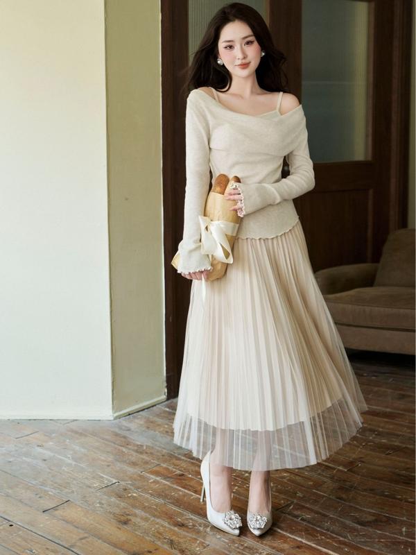 TIINSTORE Chân váy midi voan lưới dập ly GC23065