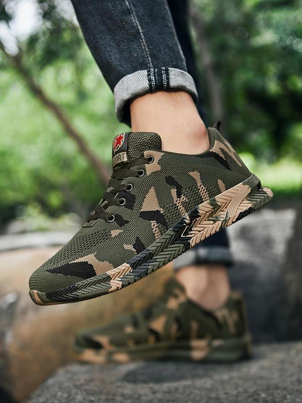 Men's Random Camo Print Lace up Low Top Sneakers, Casual Sporty Breathable Running Shoes for Outdoor Workout, Male Round Toe Work Shoes 1
