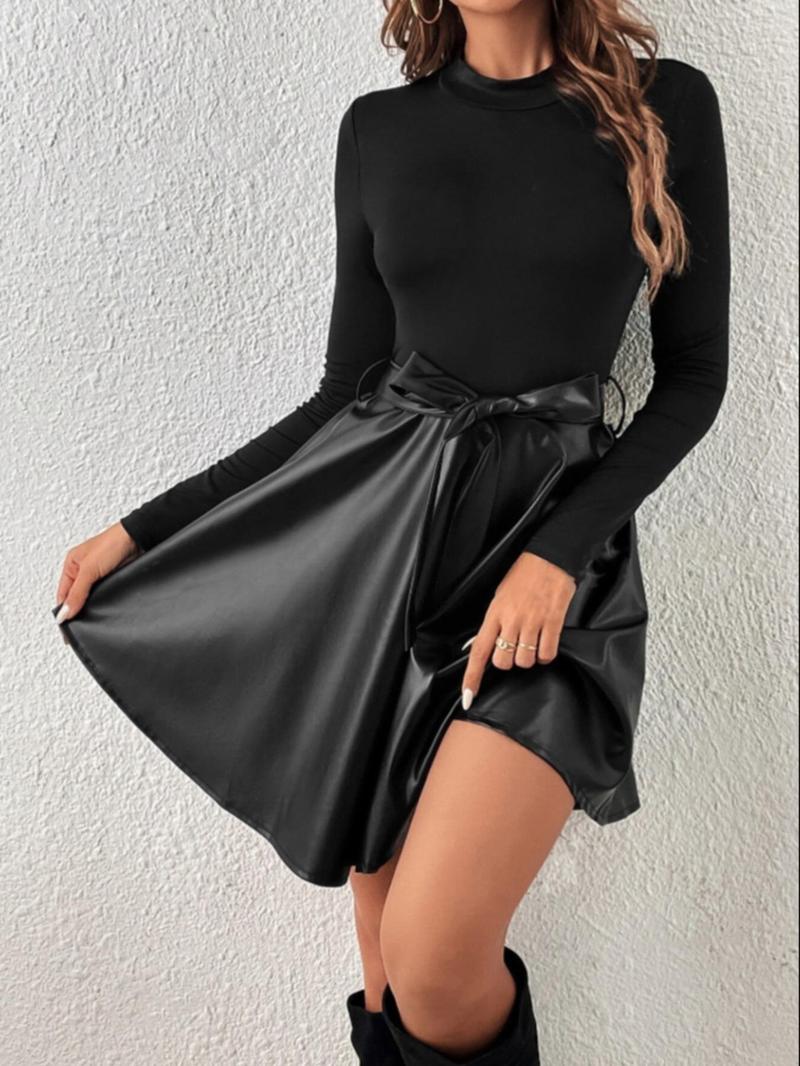 Product Introduction of Women's Solid Belted Pu Leather Patchwork Dress, Elegant Fashion Casual Crew Neck Short Dress for Daily Outdoor Wear, Women Clothing for Spring Fall 5