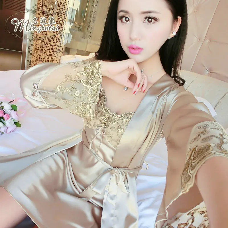Đồ Ngủ Nữ, Phong Cách Gợi Cảm, Bộ Hai Mảnh, Váy Ngủ Trượt Ren Lụa Lạnh Mùa Xuân Hè, Áo Dài Tay, Mỏng, Thích Hợp Mặc Nhà