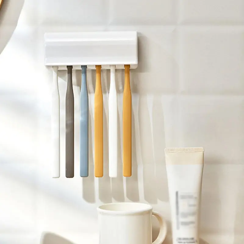 1 Piece Wall Mounted Toothbrush Holder, Punch-free Plastic Toothbrush Storage Rack With Cover For Bathroom 6