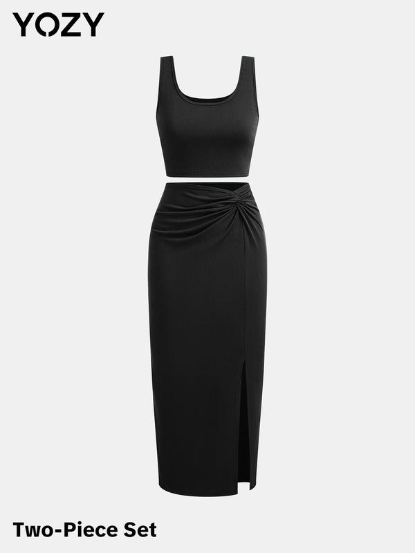 YOZY Solid Ribbed Crop Tank Top & Twist Split Skirt Set, Elegant Square Neck Sleeveless Top & High Waist Bodycon Skirt, 2024 Women's Summer Outfits for Party, Holiday, Vacation 4
