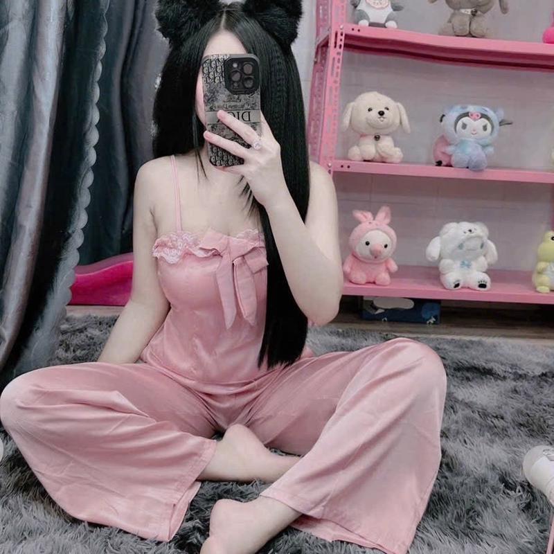 Sét bộ dây nơ lụa xinh (freesize 40-55kg) có mút ngực tôn dáng nhún chun cho nữ - Women Nữ Nhung Áo Quần Ngủ đồ Kem Sen Voi 8