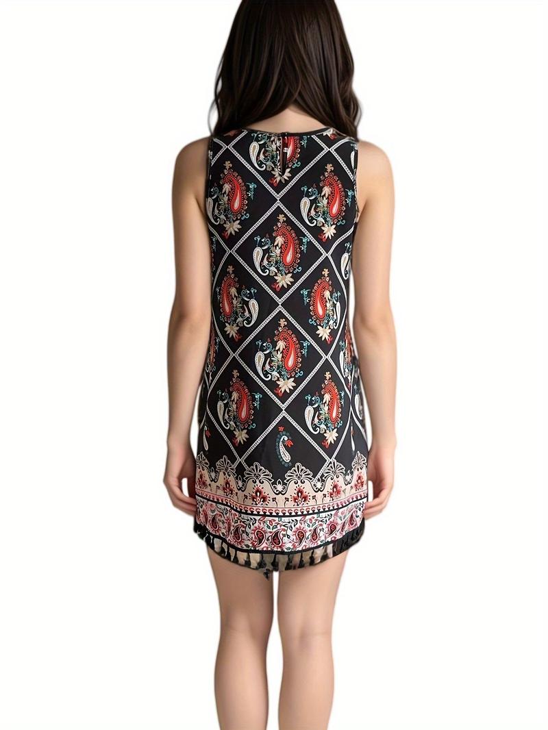 Product Introduction of Women's Plaid & Paisley Print Fringe Trim Dress, Boho Fashion Casual Round Neck Sleeveless Dress for Daily Holiday Vacation Wear, Ladies Dress for Summer 4
