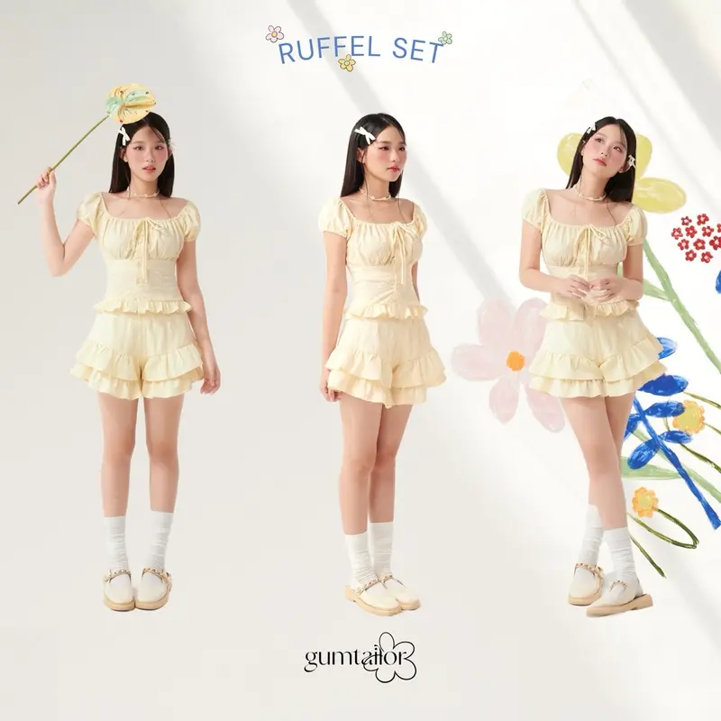Set áo kiểu tay phồng phối bèo đính nơ và quần short tầng bèo đáng yêu “RUFFEL SET” by Gum Tailor 0
