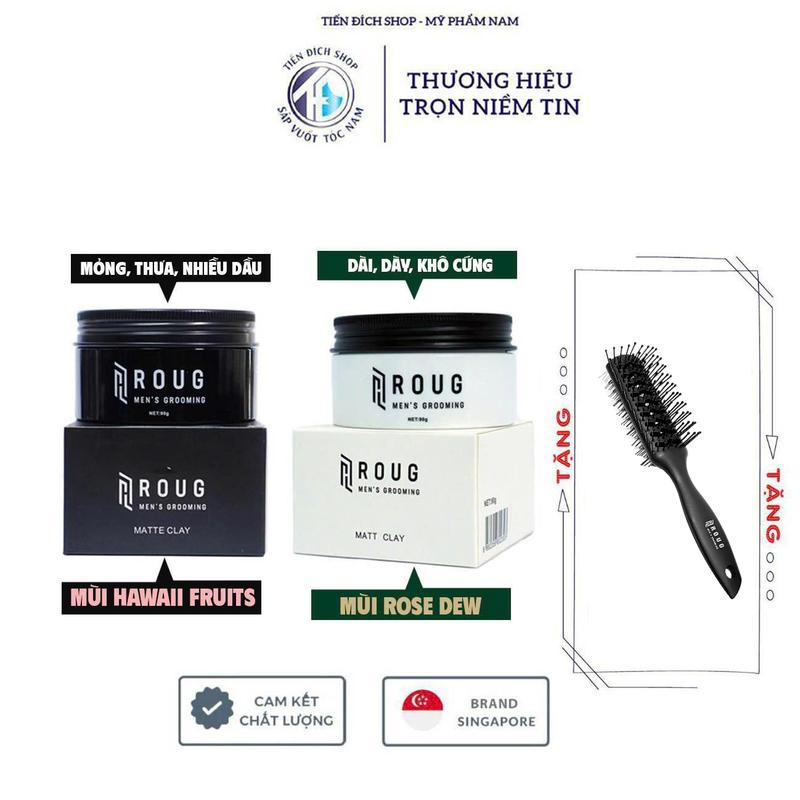 Sáp vuốt tóc nam Roug Men's Grooming Matt Clay 90gr màu trắng , Matte Clay 90gr màu đen cao cấp Singapore chính hãng + Tặng Lược Roug Men's Grooming sấy 2 đầu bán nguyệt Skeleton Chăm Sóc Tóc Ivy League - Sidepart Dưỡng Tóc