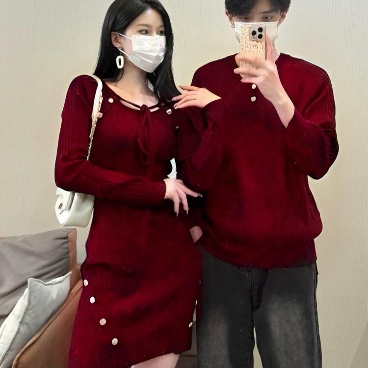 Nữ max 70kg nam max 98kg Áo váy cặp đôi len Đỏ body phối nút đẹp mặc tết noel xinh - FOREVER COUPLE